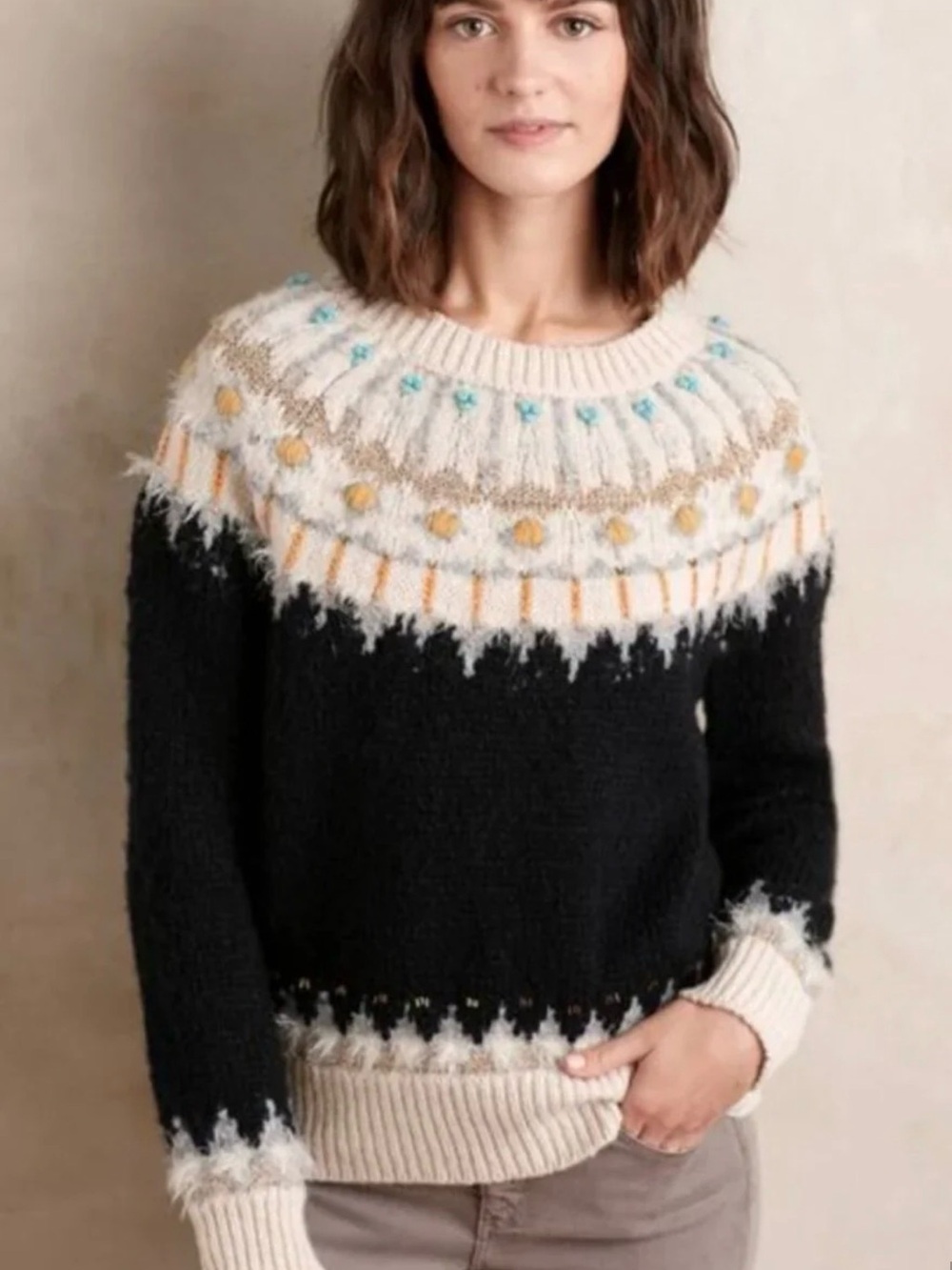Anthropologie Sleeping on Snow Fair Isle Beaded Yoke Crop Wool Sweater S